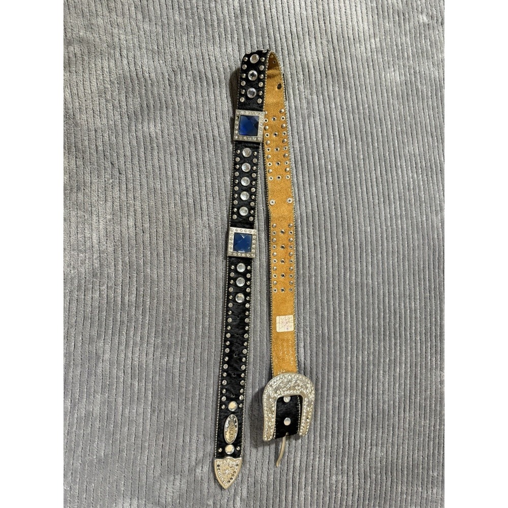 Woman's Large Atlas Black hair leather blue rhinestone Western belt